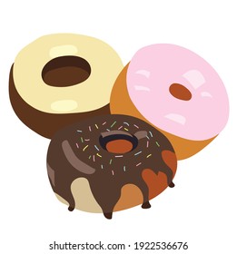 chocolate and vanilla donuts with sugar, coffee and fruit glaze. Vector stock illustration isolated on white background.