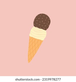 Chocolate and vanilla flavored ice cream in a waffle cone. Ice cream  on white background. Vector illustration in cartoon style.