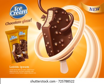 Chocolate Vanilla Ice Cream Bar Ad, With Chocolate And Milk And Peanut Elements, Orange Background, 3d Illustration.