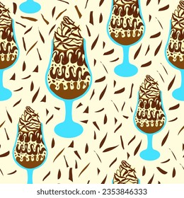 Chocolate and vanilla ice cream with chocolate chunks seamless pattern. Tropical vanilla nd chocolate ice cream cup with chocolate chunks seamless vector pattern. Good for tiles, fabric, textile, art.