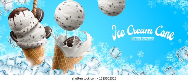 Chocolate vanilla ice cream cone ads with ice cubes and snowflakes elements on blue background in 3d illustration