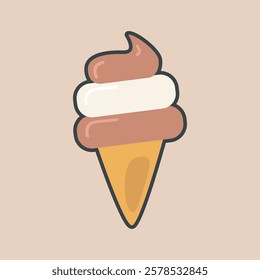 chocolate vanilla ice cream cone with outline flat vector design.