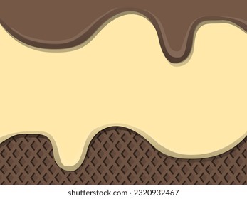 Chocolate and vanilla ice cream on a wafer. Melting ice cream background.