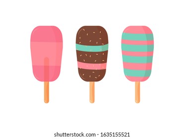 Chocolate and vanilla ice cream and popsicles in a waffle cone. Set of ice cream with waffles cone shaped. Sweet food concept. Vector illustration can be used for dessert, summer, party.