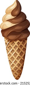 Chocolate vanilla ice cream in a waffle cone with, vector illustration on an isolated transparent background