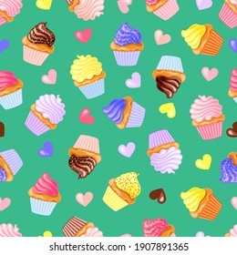 chocolate, vanilla, lemon and pink strawberry cupcakes with hearts and sprinkles on green background. Seamless pattern. Texture for fabric, wrapping, wallpaper. Decorative print.