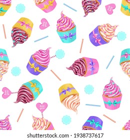 chocolate, vanilla and pink strawberry cupcakes with waffle and sprinkles. Seamless pattern. Texture for fabric, wrapping, wallpaper. Decorative print.
