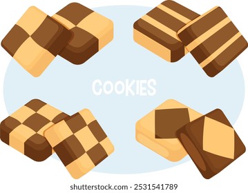 Chocolate and Vanilla Square Cookies Set with Checkerboard, Diamond and Striped Pattern Design