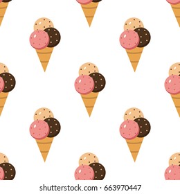 . Chocolate vanilla and strawberry dessert sweet food Ice cream in cone vector illustration. Summer cone ice cream tasty scoop waffle creamy delicious frozen dairy cold sundae icecream snack.