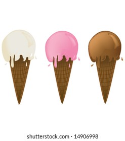 Chocolate, vanilla, strawberry ice cream cones.