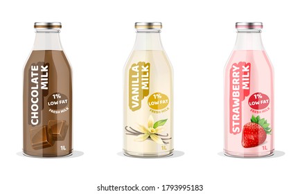 Chocolate, Vanilla, Strawberry Milk Bottles. Vector Illustration.