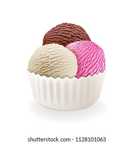 Chocolate, vanilla and strawberry milk frozen yogurt or soft three balls ice cream, blank paper cup isolated on white transparent background vector art
