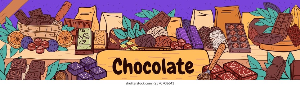 Chocolate variety display with bars truffles and cocoa beans on a wooden shelf surrounded by leaves and oranges colorful design dessert theme