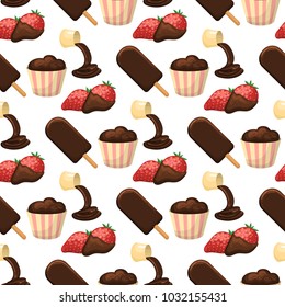 Chocolate various tasty sweets seamless pattern background candies sweet brown delicious gourmet sugar cocoa snack vector illustration