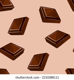 Chocolate vector background. Pieces of dark  chocolate bar seamless pattern. Cartoon illustration.