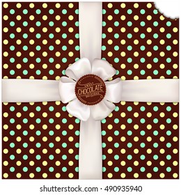 Chocolate vector background with satin ribbon and bow. mmm... Sweet delicious template for web and print