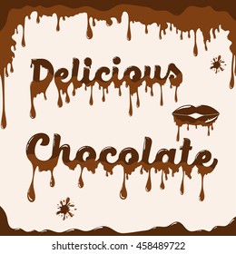 Chocolate vector background template with melting effect. Template with melted "Delicious chocolate" text. Light brown background.