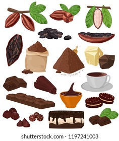 Chocolate vector cartoon cocoa choco sweet food from coco-beans cake confection illustration set of tropical fruit and cacao powder for beverage and biscuit isolated on white background