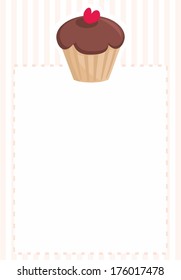 Chocolate vector cupcake on pink vintage pattern or stripes texture background with white space for your own text message. Card, restaurant menu, document template or wedding party invitation.