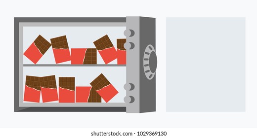 chocolate vector flat design background. cartoon addiction & addicted. metallic opened electronic strongbox digital iron safe box isolated. save & hide cover & space text. fat food creative & concept