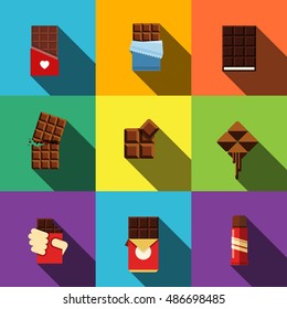 Chocolate vector flat icons. Simple illustration set of 9 chocolate elements, editable icons, can be used in logo, UI and web design