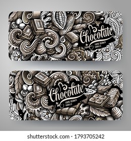 Chocolate vector hand drawn doodle banners design. Monochrome cartoon background. Sweets 2 flyers templates set.