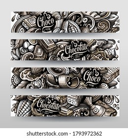 Chocolate vector hand drawn doodle banners design. Monochrome cartoon background. Sweets 4 flyers templates set.