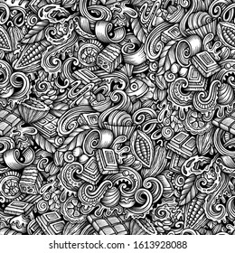 Chocolate vector hand drawn doodles seamless pattern. Sweet food graphics background design. Cocoa cartoon trace illustration.