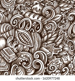 Chocolate vector hand drawn doodles seamless pattern. Sweet food graphics background design. Cocoa cartoon trace illustration.