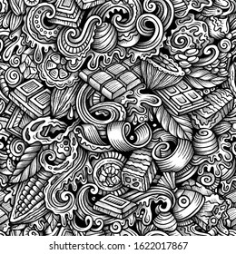 Chocolate vector hand drawn doodles seamless pattern. Sweet food graphics background design. Cocoa cartoon trace illustration.
