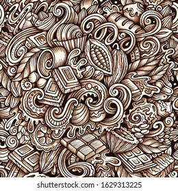 Chocolate vector hand drawn doodles seamless pattern. Sweet food graphics background design. Cocoa cartoon trace illustration.