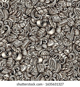 Chocolate vector hand drawn doodles seamless pattern. Sweet food graphics background design. Cocoa cartoon trace illustration.