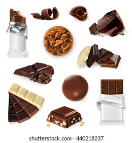 Chocolate, vector icon set. Different kinds of cacao products: energy bar, candy, pieces, slices, shavings, cookie