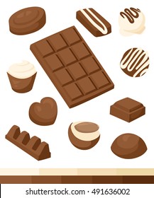 Chocolate, vector icon set. Different kinds of cacao products energy bar milk chocolate candy