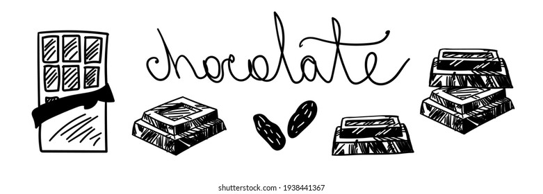 Chocolate vector illustration. Opened chocolate bar, chocolate wedges, chocolate pieces, cocoa beans and lettering isolated on white background