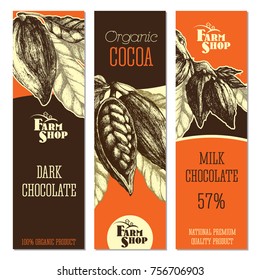 Chocolate vertical banners set with open cocoa pods and branches. Vector template sketch style design. Isolated illustrations.