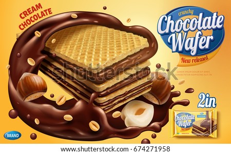 Chocolate wafer ads, crunchy cookies with chocolate syrup and nuts isolated on yellow background in 3d illustration