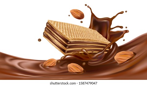 Chocolate wafer with almonds seed flavor tasty in the middle isolated on solid color background. Vector realistic in 3d illustration. Food concept.