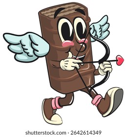 mascote de caricatura de bolacha de chocolate se tornar um cupido com asas de anjo e a seta do amor, ilustração de personagem de lanche vetor de alta resolução, perfeito para marca de sobremesa, trabalho de mão desenhada