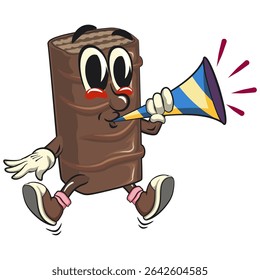 mascote de caricatura de bolacha de chocolate sopre o trompete chifre da festa, ilustração de personagem de lanche de vetor isolado de alta resolução, perfeito para marca de sobremesa, ou materiais educativos, trabalho desenhado à mão
