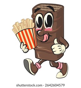 chocolate wafer cartoon mascot brought a box of french fries, high-resolution isolated vector snack character illustration, perfect for dessert branding, or educational materials, work of hand drawn