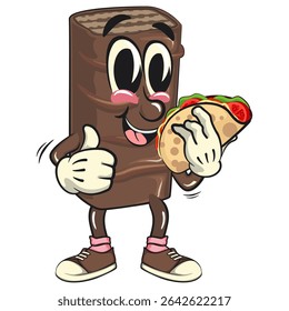 chocolate wafer cartoon mascot carrying a taco while giving a thumbs up, high-resolution isolated vector snack character illustration, perfect for dessert branding, work of hand drawn