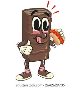 chocolate wafer cartoon mascot carrying a hotdog while giving a thumbs up, high-resolution isolated vector snack character illustration, perfect for dessert branding, work of hand drawn
