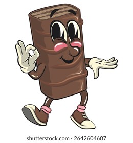 chocolate wafer cartoon mascot dancing while giving the okay sign, high-resolution isolated vector snack character illustration, perfect for dessert branding, work of hand drawn