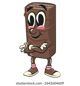 chocolate wafer cartoon mascot folding his arms calmly, high-resolution isolated vector snack character illustration, perfect for dessert branding, or educational materials, work of hand drawn