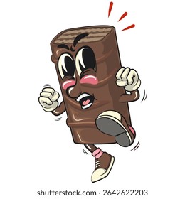 chocolate wafer cartoon mascot jumping and kicking, high-resolution isolated vector snack character illustration, perfect for dessert branding, or educational materials, work of hand drawn