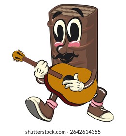 chocolate wafer cartoon mascot with moustache playing guitar, high-resolution isolated vector snack character illustration, perfect for dessert branding, or educational materials, work of hand drawn
