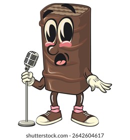 chocolate wafer cartoon mascot on front of the mic become a stand up comedian, high-resolution isolated vector snack character illustration, perfect for dessert branding, work of hand drawn