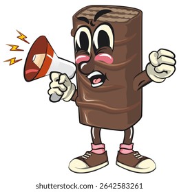 mascote de caricatura de bolacha de chocolate em voz alta com alto-falante, ilustração de personagem de lanche de vetor isolado de alta resolução, perfeito para marca de sobremesa, ou materiais educativos, trabalho de desenho à mão