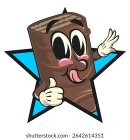 chocolate wafer cartoon mascot out from of a star by giving a thumbs up sign, high-resolution isolated vector snack character illustration, perfect for dessert branding, work of hand drawn